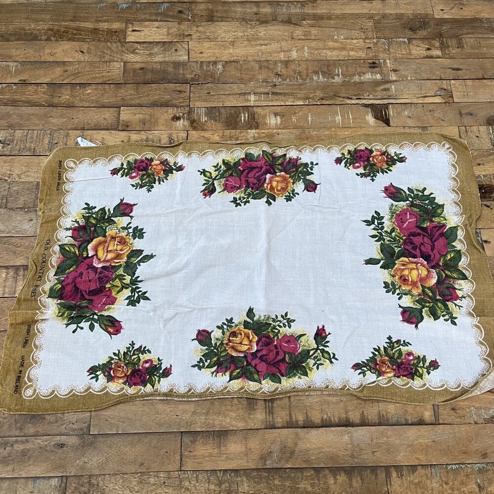 Irish Linen Tea Towel Irish Linen 17 x 27.5 in 'Old Country Roses' Brown Border